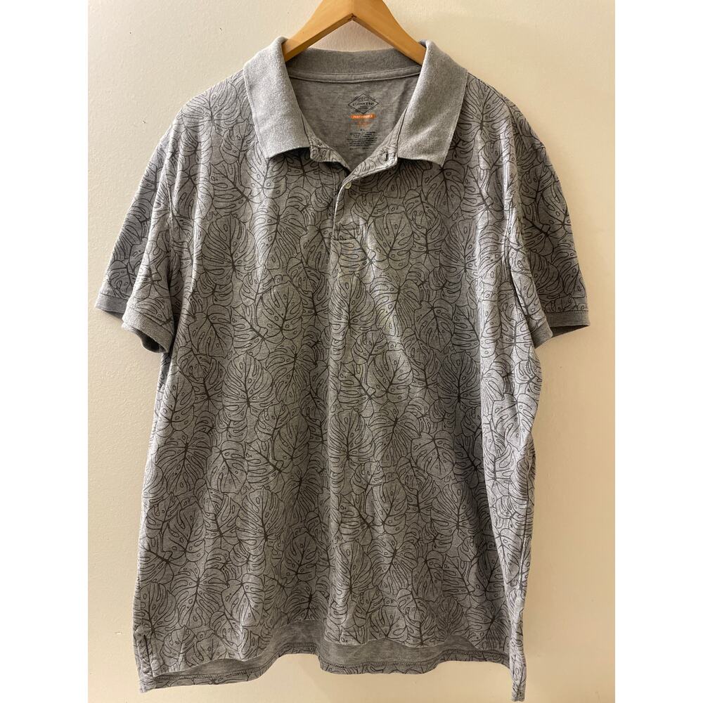 St Johns Bay Mens Size XL Performance Polo Grey Monstera Leaf‎ Plants Active